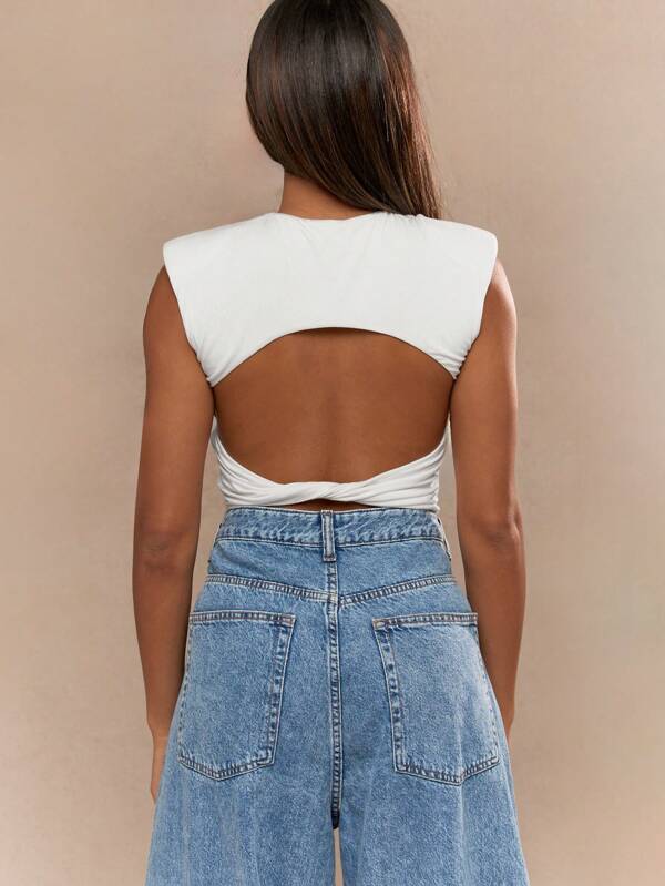 Missguided MISSGUIDED Twist Open Back Round Neck Cap Sleeves Crop T-Shirt