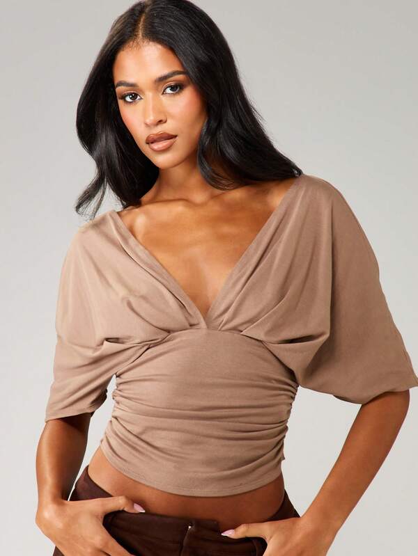 Missguided MISSGUIDED Twisted Front Ruched Crop Top With Draped Sleeves