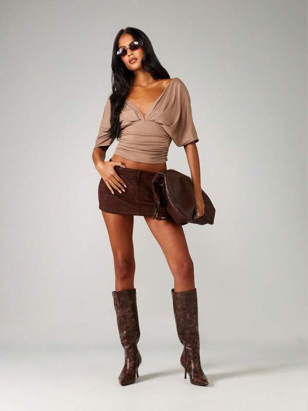 Missguided MISSGUIDED Twisted Front Ruched Crop Top With Draped Sleeves