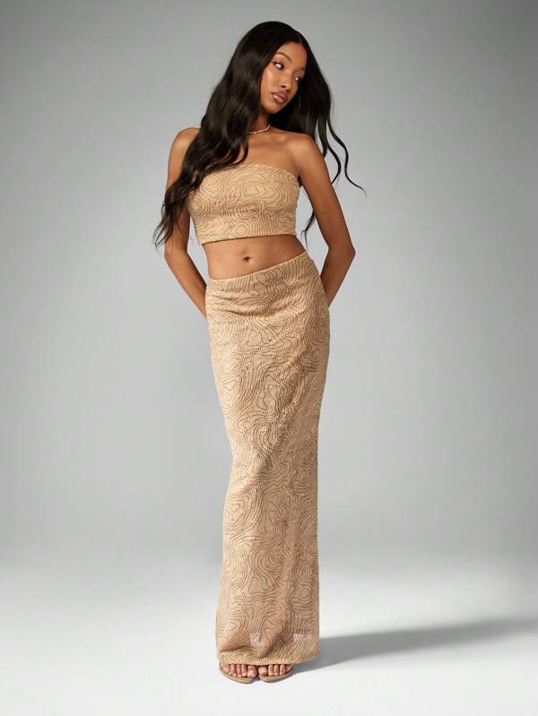 missguided MISSGUIDED Two-Piece Contour-Pattern Knit Bandeau Maxi Set