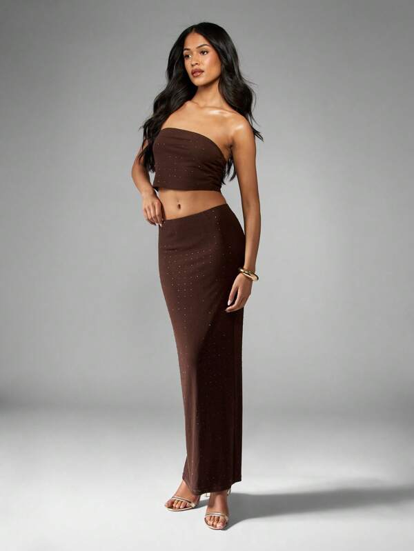 Missguided MISSGUIDED Two Piece Embellished Rhinestone Tube Top Maxi Skirt Set