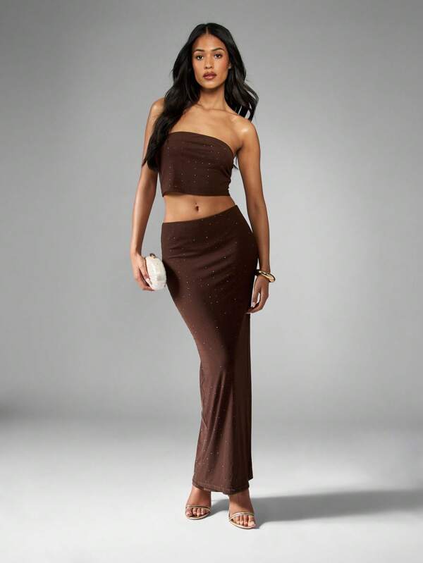 missguided MISSGUIDED Two Piece Embellished Rhinestone Tube Top Maxi Skirt Set