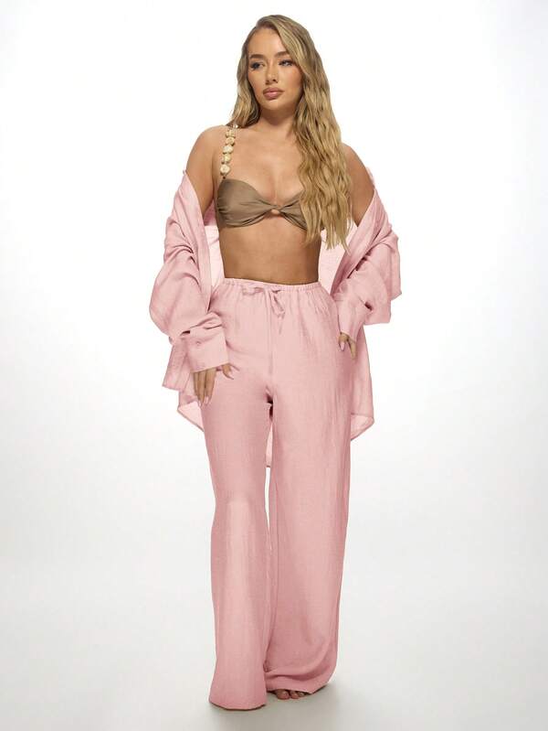 Missguided MISSGUIDED Two-Piece Linen Palazzo Trousers Button Down Shirt