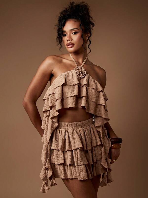 missguided MISSGUIDED Two-Piece Outfit Ruffle Layered Textured Crop Top High Waist Mini Skirt