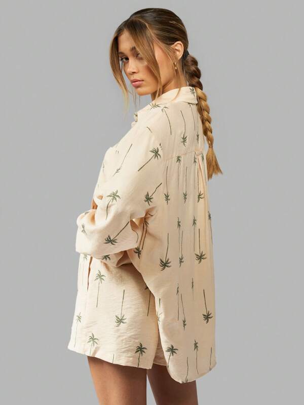 Missguided MISSGUIDED Two-Piece Palm Tree Embroidered Button-Down Shirt Shorts Set