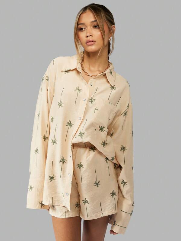 Missguided MISSGUIDED Two-Piece Palm Tree Embroidered Button-Down Shirt Shorts Set