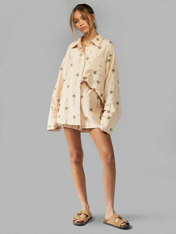 Missguided MISSGUIDED Two-Piece Palm Tree Embroidered Button-Down Shirt Shorts Set