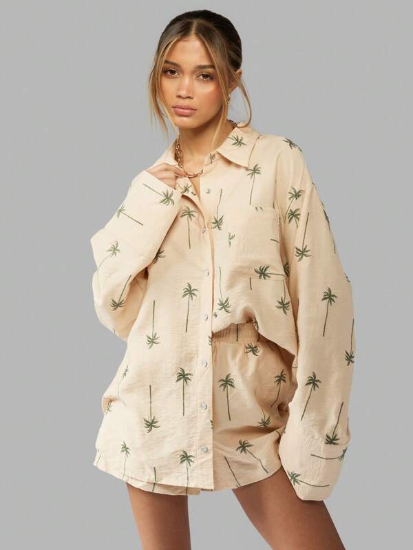 missguided MISSGUIDED Two-Piece Palm Tree Embroidered Button-Down Shirt Shorts Set