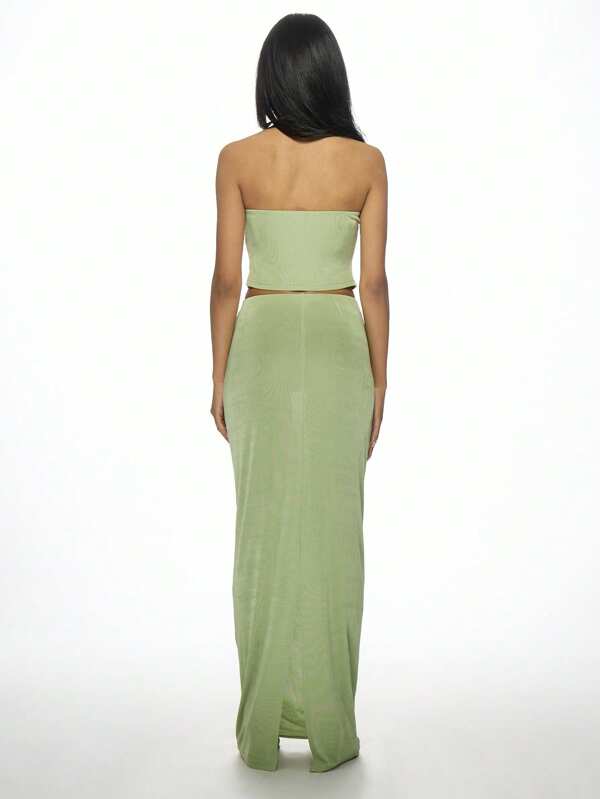 Missguided MISSGUIDED Two-Piece Sage Green Strapless Bandeau Top And Maxi Skirt Set