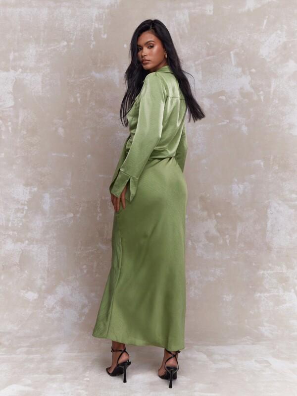 Missguided MISSGUIDED Two-Piece Set Satin Long Sleeve Tie-Front Crop Top Maxi Skirt