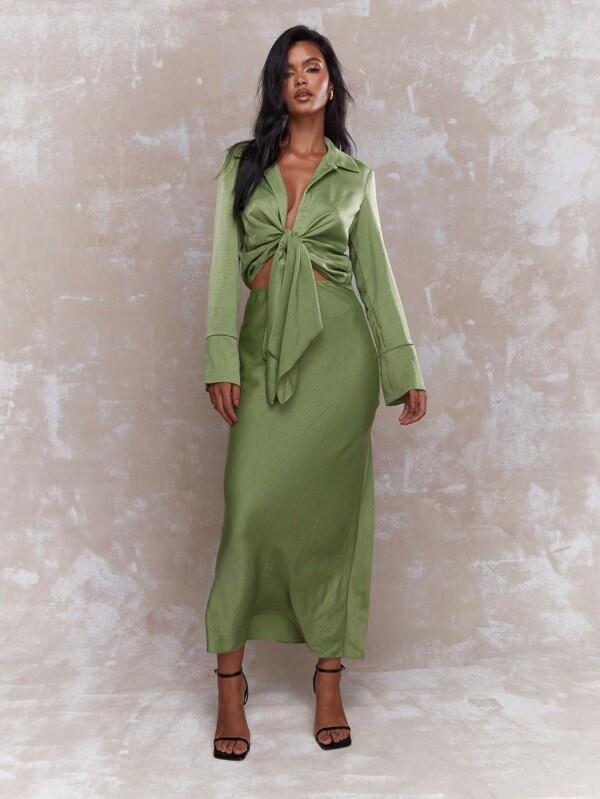 missguided MISSGUIDED Two-Piece Set Satin Long Sleeve Tie-Front Crop Top Maxi Skirt