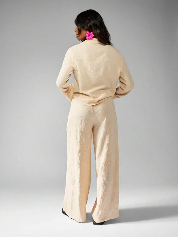 Missguided MISSGUIDED Two-Piece Set Tie Front Long Sleeve Shirt Wide Leg Palazzo Pants Lounge