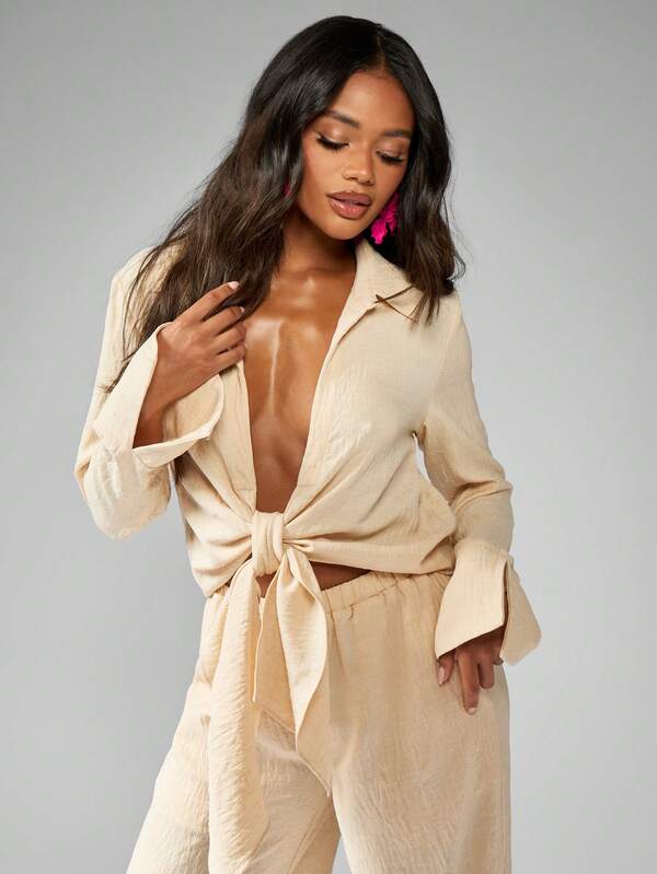 Missguided MISSGUIDED Two-Piece Set Tie Front Long Sleeve Shirt Wide Leg Palazzo Pants Lounge