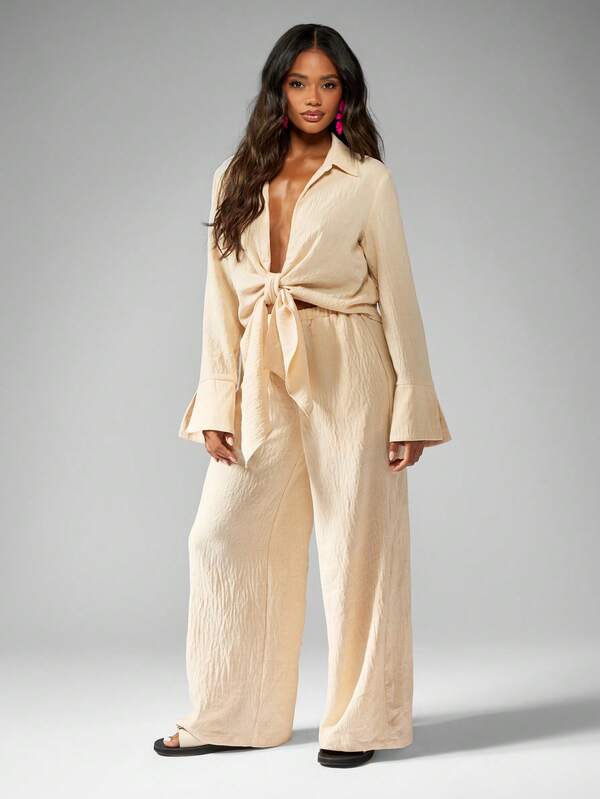Missguided MISSGUIDED Two-Piece Set Tie Front Long Sleeve Shirt Wide Leg Palazzo Pants Lounge