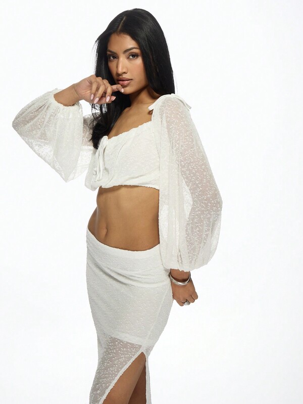 Missguided MISSGUIDED Two-Piece Sheer Sequin Bardot Crop Top Maxi Skirt Set
