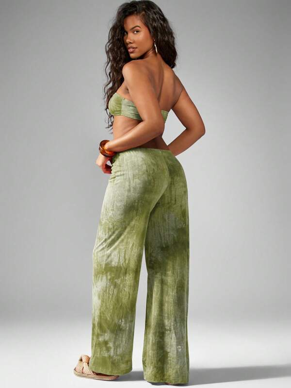 Missguided MISSGUIDED Two Piece Velvet Bandeau Bow Top Wide Leg Pants