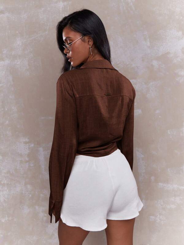 Missguided MISSGUIDED Tying Knot Detail Linen Long Sleeve Crop Shirt Blouse