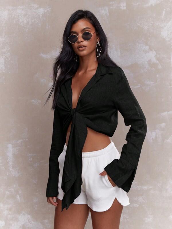 missguided MISSGUIDED Tying Knot Detail Linen Long Sleeve Crop Shirt Blouse