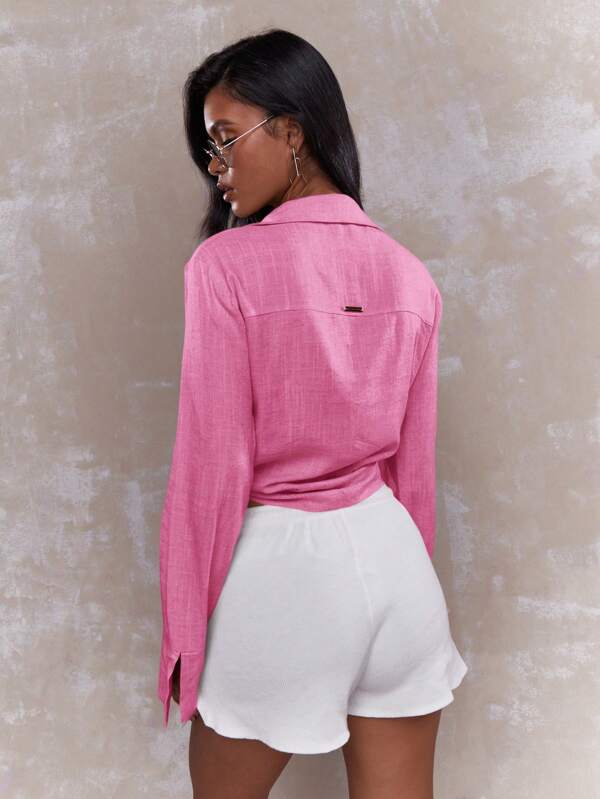 Missguided MISSGUIDED Tying Knot Detail Linen Long Sleeve Crop Shirt Blouse