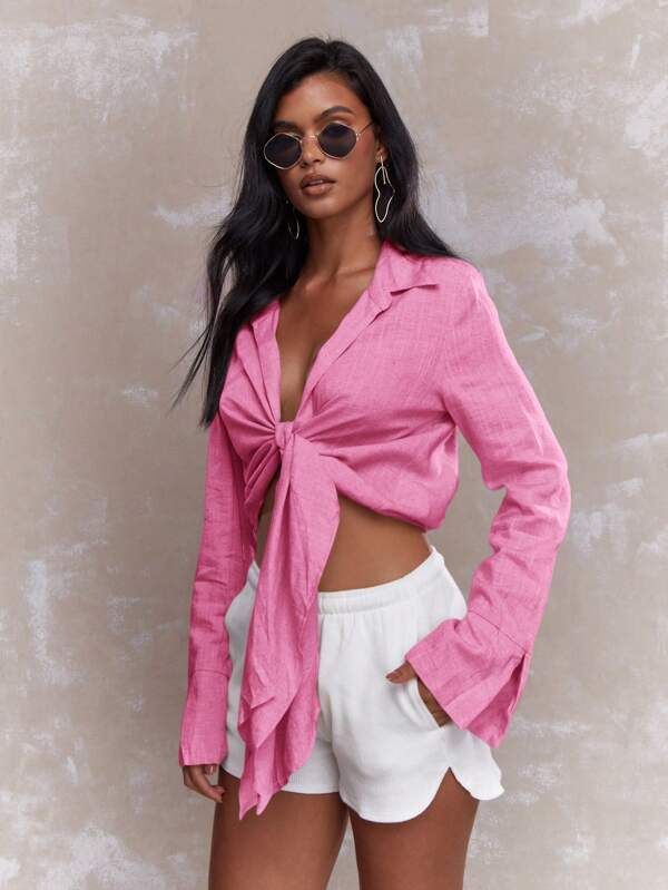 missguided MISSGUIDED Tying Knot Detail Linen Long Sleeve Crop Shirt Blouse