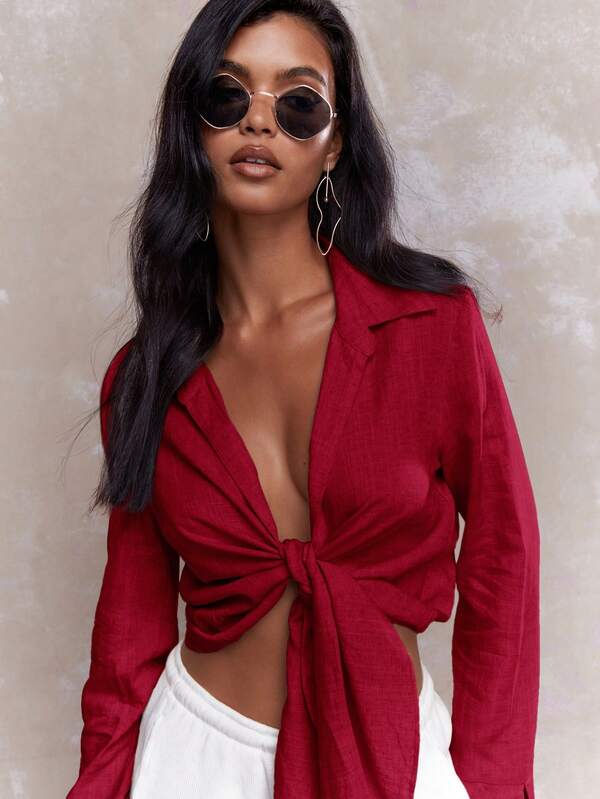 Missguided MISSGUIDED Tying Knot Detail Linen Long Sleeve Crop Shirt Blouse