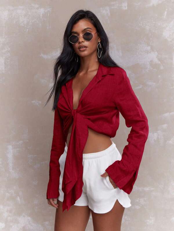 missguided MISSGUIDED Tying Knot Detail Linen Long Sleeve Crop Shirt Blouse