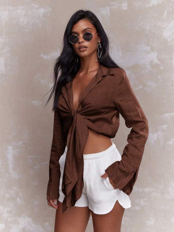 missguided MISSGUIDED Tying Knot Detail Linen Long Sleeve Crop Shirt Blouse