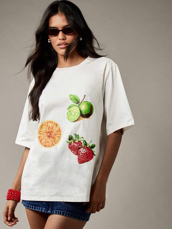 missguided MISSGUIDED Ultra Comfortable Oversized Cotton Fruit Print T-Shirt
