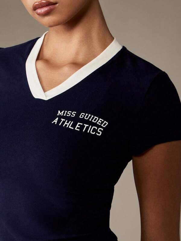 Missguided MISSGUIDED V-Neck Baby Tee With Varsity Slogan And Contrast Trim
