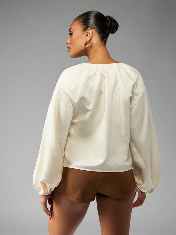 Missguided MISSGUIDED V Neck Balloon Sleeve Ruched Front Blouse