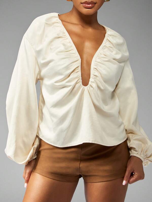 Missguided MISSGUIDED V Neck Balloon Sleeve Ruched Front Blouse