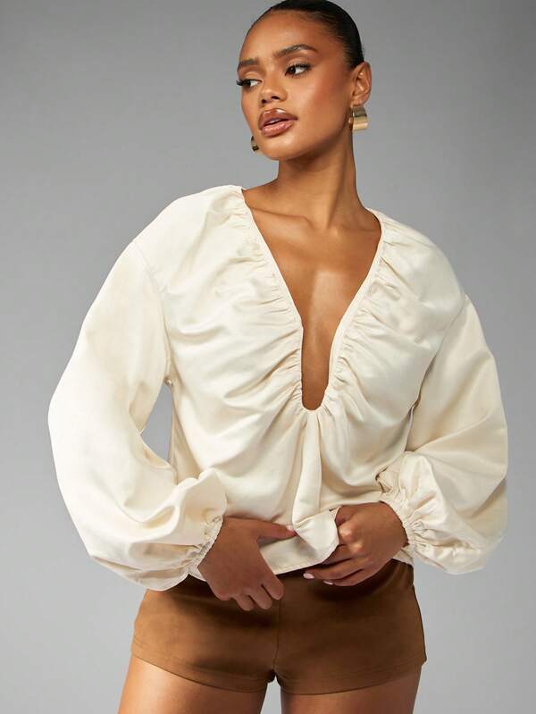missguided MISSGUIDED V Neck Balloon Sleeve Ruched Front Blouse