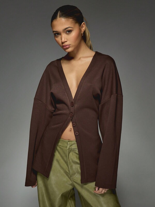 Missguided MISSGUIDED V-Neck Button Front Oversized Long Sleeve Chunky Knit Casual Cozy Layering Piece