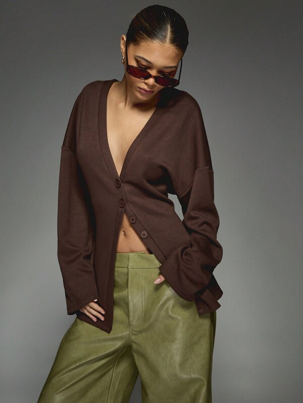 missguided MISSGUIDED V-Neck Button Front Oversized Long Sleeve Chunky Knit Casual Cozy Layering Piece