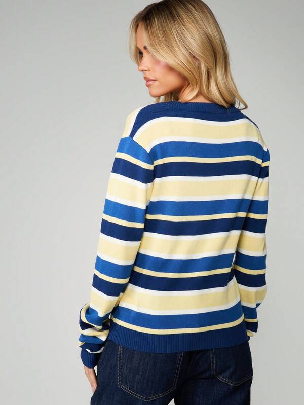 Missguided MISSGUIDED V-Neck Striped Knit Pullover Top