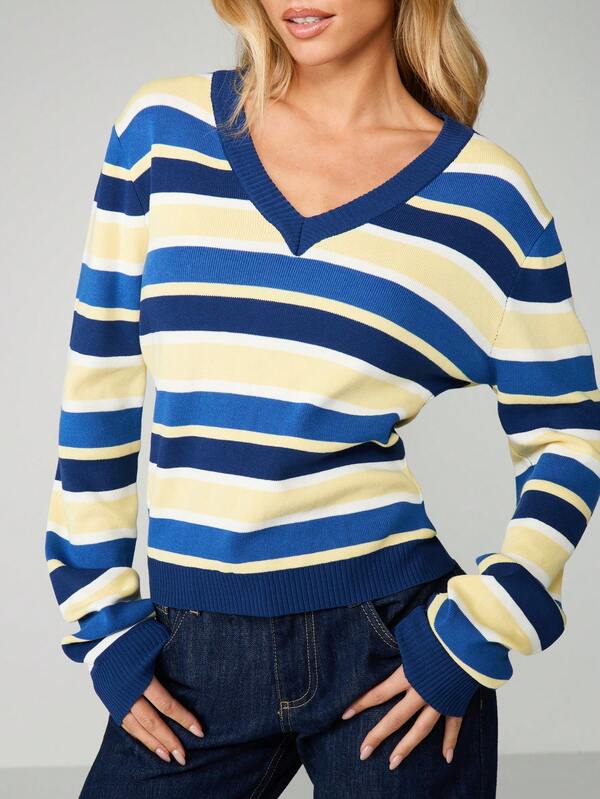 Missguided MISSGUIDED V-Neck Striped Knit Pullover Top