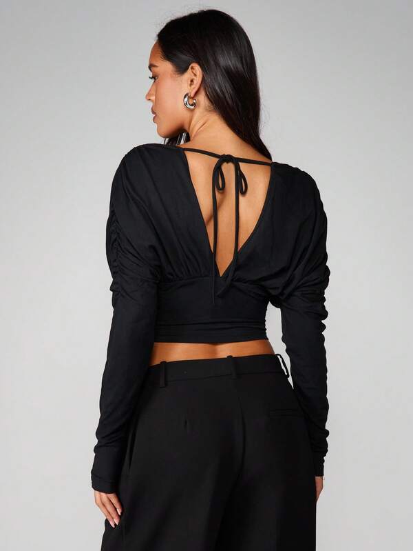 Missguided MISSGUIDED V-Neck Wrap Top With Tie Detail