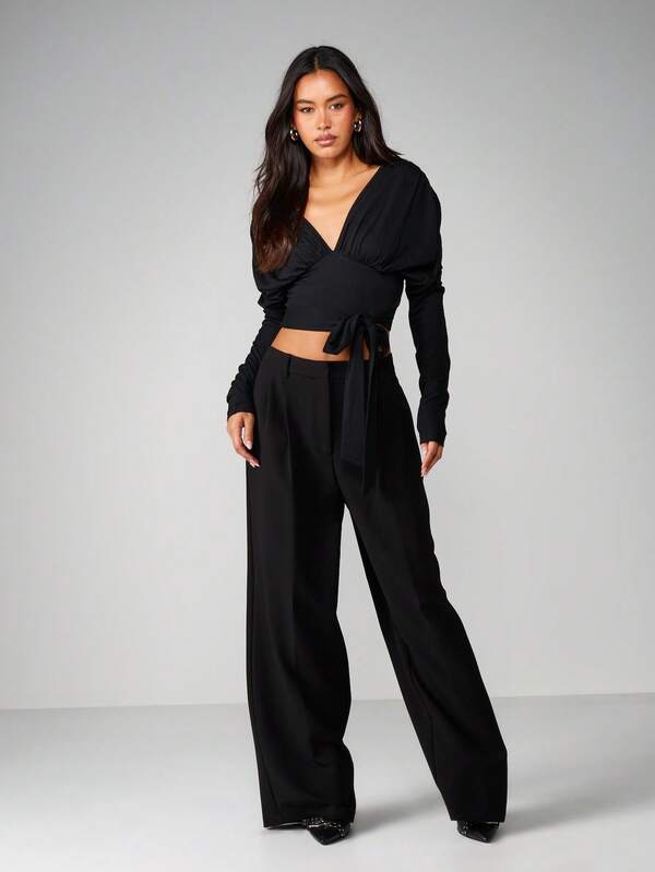Missguided MISSGUIDED V-Neck Wrap Top With Tie Detail