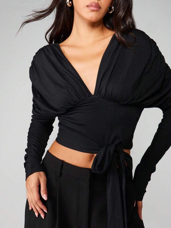Missguided MISSGUIDED V-Neck Wrap Top With Tie Detail