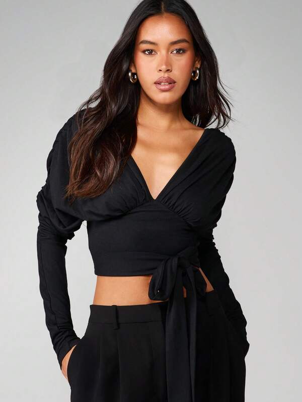 Missguided MISSGUIDED V-Neck Wrap Top With Tie Detail