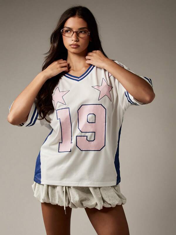 Missguided MISSGUIDED Varsity Baseball Jersey With Star Print Number Design