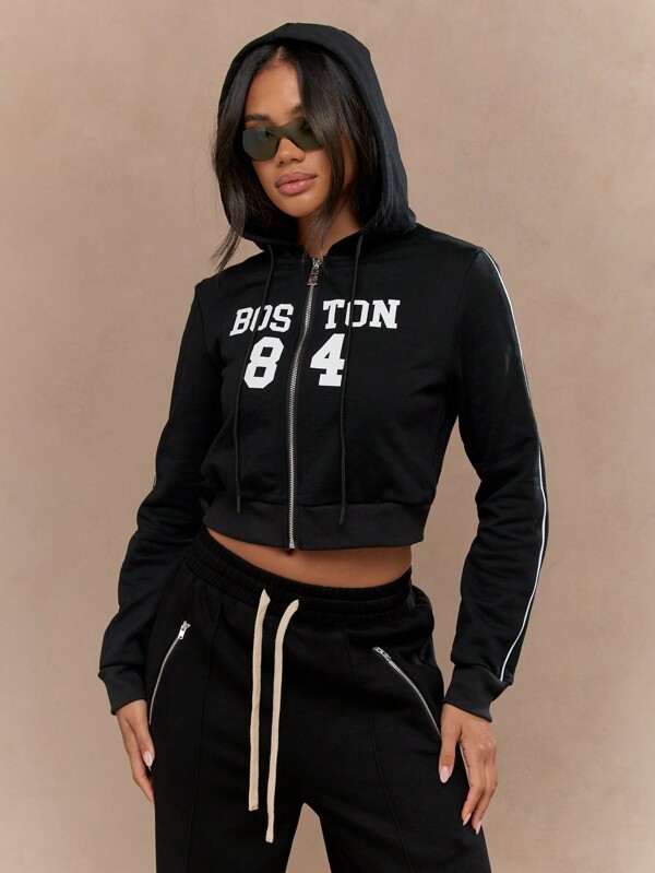missguided MISSGUIDED Varsity Letter Sport Crop Zip Hooded Sweatshirt
