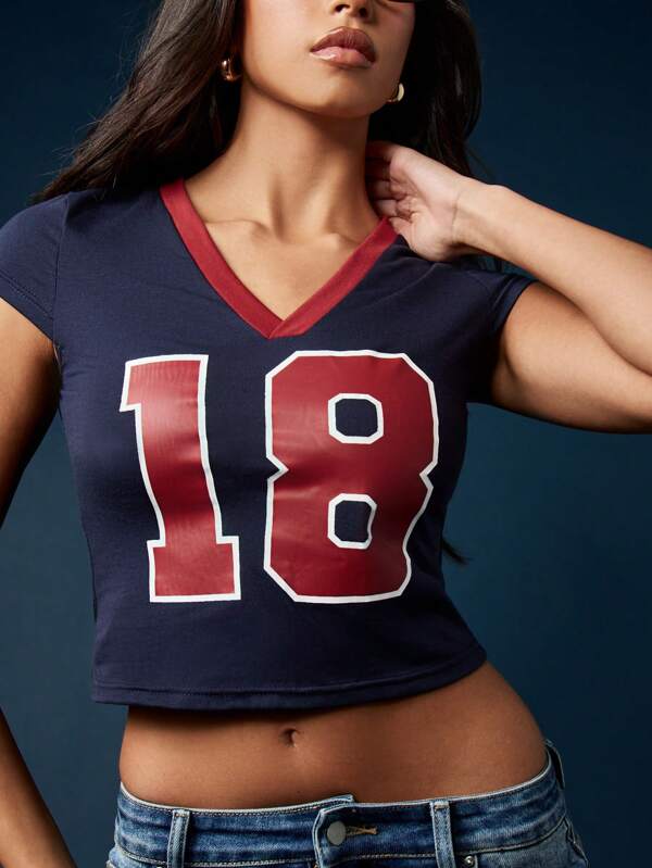 missguided MISSGUIDED Varsity Number Baby Tee With V Neck Design