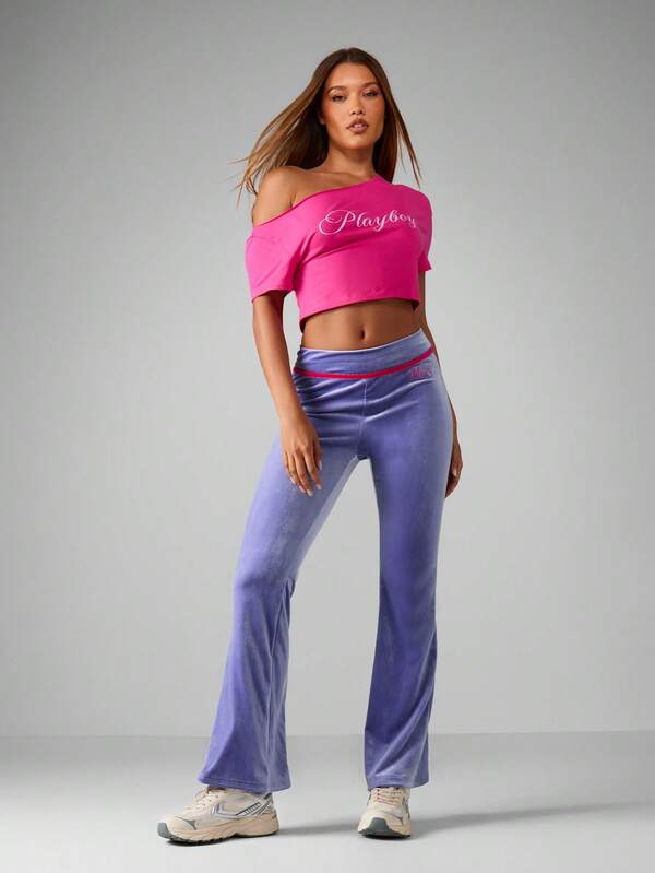 missguided MISSGUIDED Velour Flared Pants With Contrast Piping