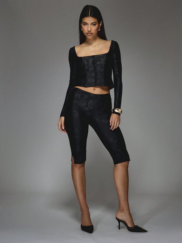 missguided MISSGUIDED Velour Tailored Square Neck Long Sleeves Corset Top And Capri Pants Two Piece Co Ord Set