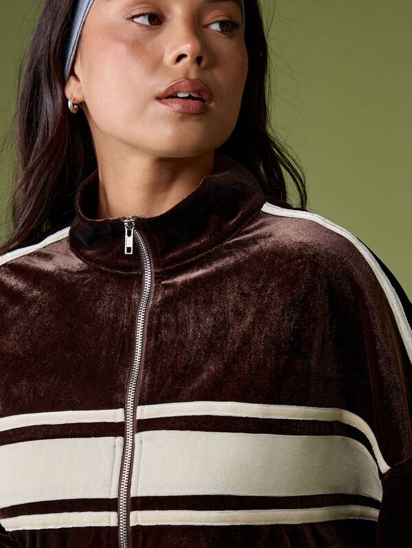 Missguided MISSGUIDED Velour Zip-Up Sweatshirt With Contrast Stripes