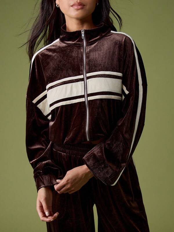 missguided MISSGUIDED Velour Zip-Up Sweatshirt With Contrast Stripes