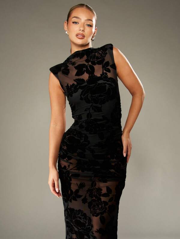 Missguided MISSGUIDED Velvet Burnout Floral Ruched Bodycon Maxi Dress