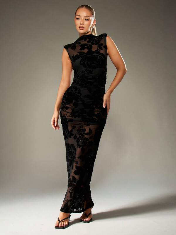 missguided MISSGUIDED Velvet Burnout Floral Ruched Bodycon Maxi Dress