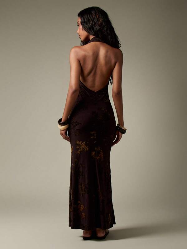 Missguided MISSGUIDED Velvet Burnout Halter Neck Deep Plunge Neckline Open Back Maxi Dress